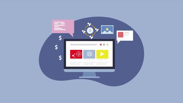 Mobile user browsing dynamic content with AI-powered social media marketing and content development tools animation video