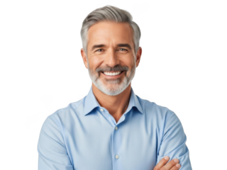 Smiling confident mature man with grey hair and beard on white.