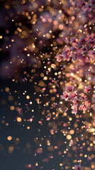 Delicate blossoms drifting through warm golden bokeh light create a dreamy romantic festive mood with soft glowing particles perfect for holiday themed celebration artwork