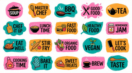 Colorful Food and Cooking Hand-Drawn Labels Collection