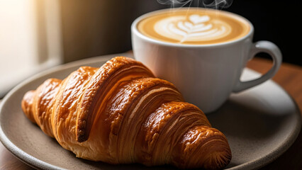  Croissant and latte art coffee on ceramic plate in warm morning light
