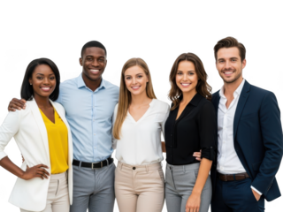 Diverse group of smiling business professionals standing together.