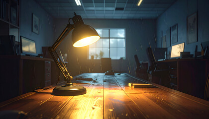 Desk Lamp Illuminates Workspace in Dimly Lit Room.