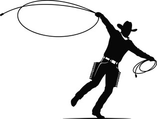 Cowboy swinging lasso silhouette&mdash;vector of dynamic Western action with fringe chaps and rope motion