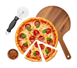 Delicious pepperoni pizza preparation in kitchen food isolated on transparent background