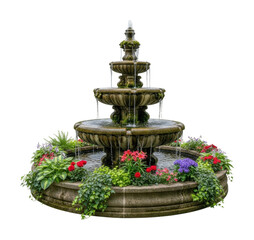 Fototapeta premium Flowing water fountain surrounded by flowers garden nature scene isolated on transparent background