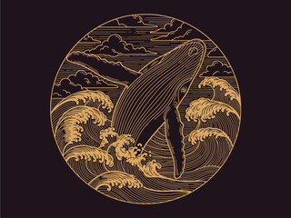Intricate Monoline Gold Whale Logo - Nautical Line Art Vector Illustration on Dark Background