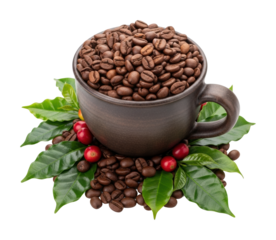 Coffee beans in rustic cup surrounded by leaves and berries isolated on transparent background