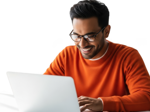 Smiling young man with glasses intently using laptop for work - Powered by Adobe