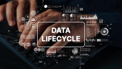 Hands Typing on Keyboard with Overlay of Data Lifecycle Concept Graphics and Analytics Background. Asymptotic smart data analytic. - Powered by Adobe