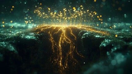 Fototapeta premium Futuristic biomechanical fusion with glowing eco AI roots