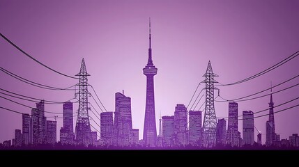 Futuristic City Skyline at Night with Illuminated Energy Grid and Telecommunication Towers