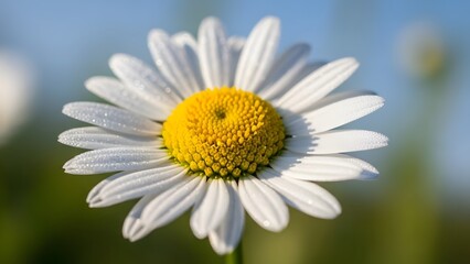 Fototapeta premium Closeup of a white daisy flower with a bright yellow center, showcasing its delicate petals and intricate details in natural light