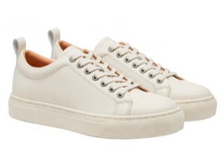 Pair of white leather low top sneakers isolated on transparent background