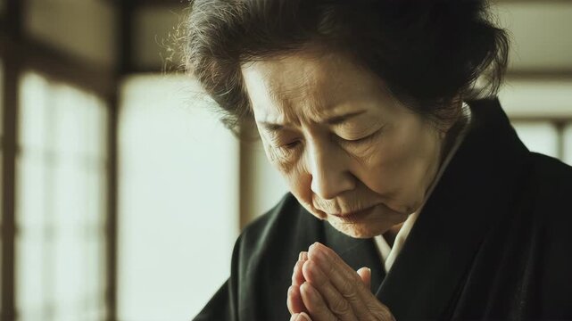 高齢の女性が白い部屋で頭を下げて謝る姿