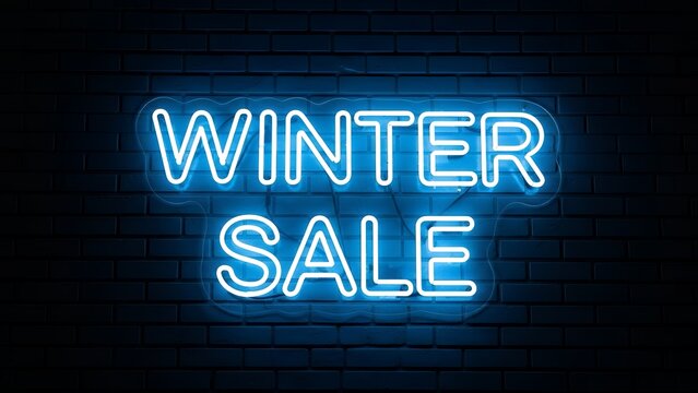 Blue neon sign glowing winter sale on brick wall - Powered by Adobe