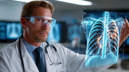 Medical Innovation: A doctor utilizes advanced augmented reality technology to analyze a patient's x-ray, a symbol of modern medical innovation and diagnostic precision. - Powered by Adobe