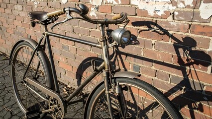 Old rusty bicycle leaning against a brick wall with a headlight and handlebars visible