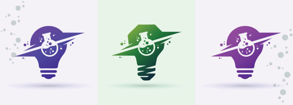 Light bulb chemistry beaker swoosh logo idea innovation science laboratory biotech brand icon
