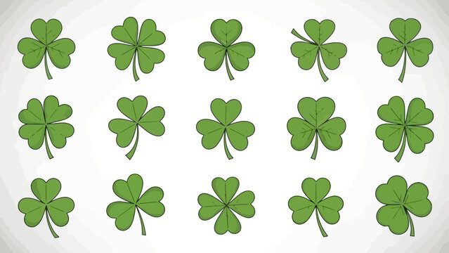 A versatile collection of hand-drawn green shamrock and three-leaf clover illustrations, ideal for St. Patrick's Day designs, adding a touch of Irish charm and luck to any creative project