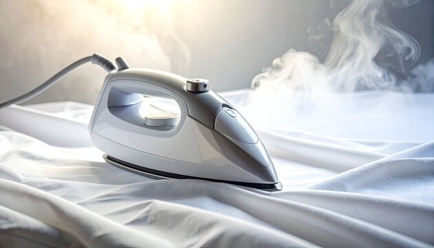 Ironing a white cloth with steam, close up shot.