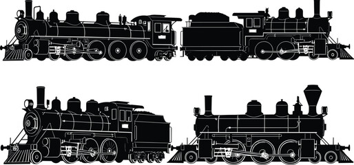 Obraz premium Steam locomotive silhouette pack—vector of four vintage train profiles with smokestacks, boilers, cabs, and wheel variations