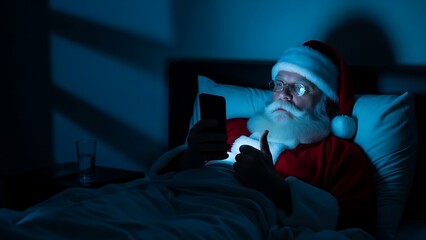 Santa Claus lying in bed using smartphone in dark room with blue light