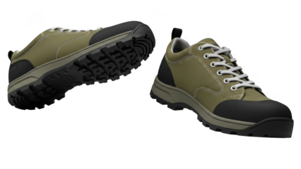 Pair of olive green hiking boots isolated on transparent background