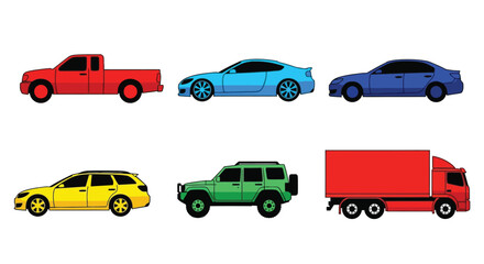 Naklejka premium Colorful cars and trucks in various styles and colors