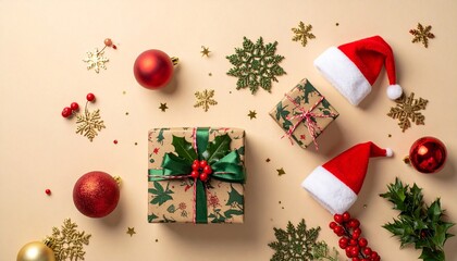 Santa hat on holly-decorated gifts with festive ornaments on beige background.