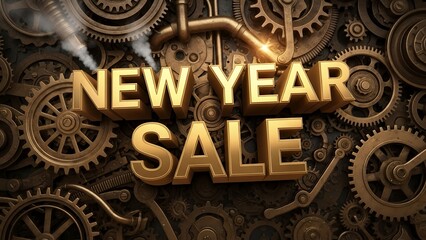 Golden new year sale text on steampunk gear background