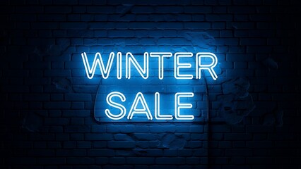Blue neon sign displaying winter sale on brick wall