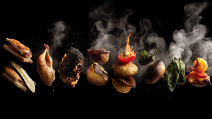 A stunning array of oven-cooked foods is captured mid-air, creating a beautiful food spectacle Generative AI