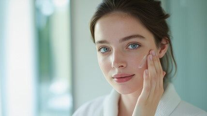 In a soothing bathroom, a young woman applies cream, focusing on her skincare routine Generative AI