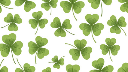 Seamless pattern of vibrant green shamrocks and clover leaves on a clean white background, perfect for St. Patrick's Day designs and spring themes