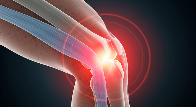 Knee Injury or Pain Highlighted in Red on Human Leg X-ray.