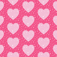 Seamless pattern with hearts and dots isolated on pink background.Valentine's day background wallpaper.Vector graphic illustration.