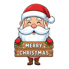 Cute cartoon santa claus holding a merry christmas wooden sign