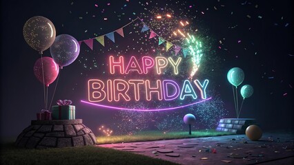 Neon glowing birthday banner mounted on dark backdrop emphasizing bright illumination and vibrant energetic festive presentation.