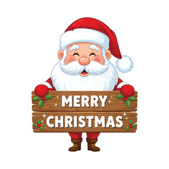 Cute Smiling Santa Claus Holding Wooden Merry Christmas Sign Cartoon Illustration