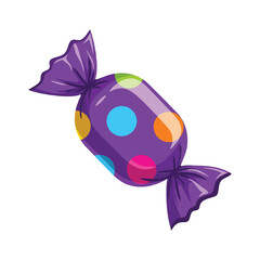 Colorful Purple Wrapped Candy Illustration with Polka Dot Design on White Background