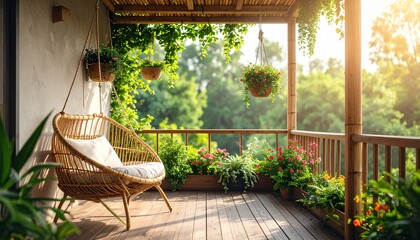 Cozy Rattan Chair on a Sunny Balcony Overlooking Lush Green Trees.