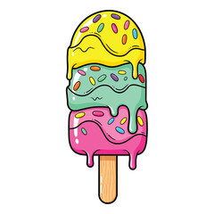 Melting triple scoop popsicle with colorful sprinkles