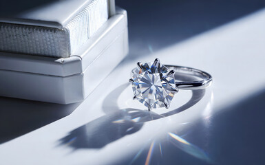 Luxury diamond engagement ring with jewelry box, sparkling white gemstone with prismatic light shadow, elegant silver solitaire for wedding proposal, romantic anniversary gift concept.