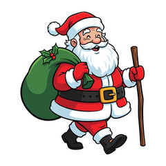 Cartoon santa claus walking with a large green gift sack