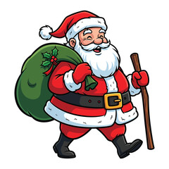 Cartoon illustration of happy santa claus walking with gift sack