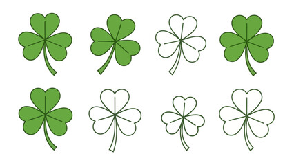 Collection of green shamrocks and outlines, symbols of luck and St