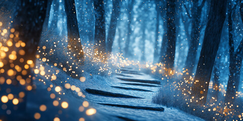 Snowflakes dance through the air as a peaceful forest path glimmers with soft, warm lights Generative AI