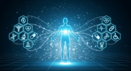 Human body with glowing icons representing health and technology.