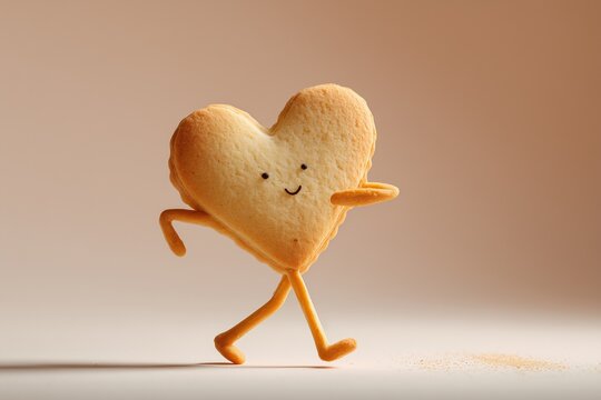 A heart-shaped bread character with arms and legs.